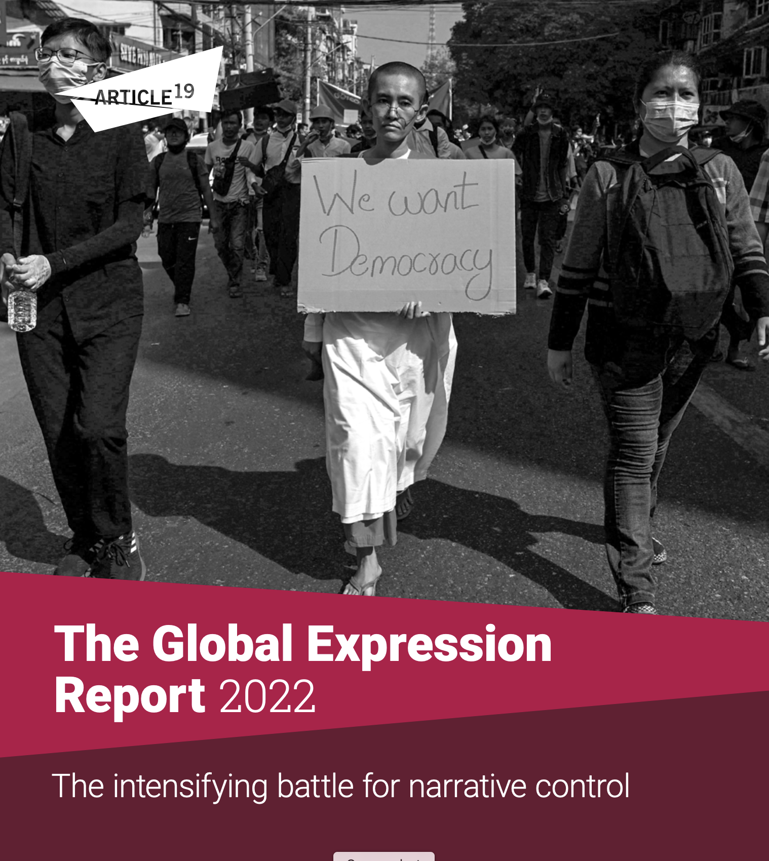 Front cover of The Global Expression Report 2022. The cover bears the report's name and a black-and-white photograph of some people marching. One of their signs says 'We Want Democracy'.